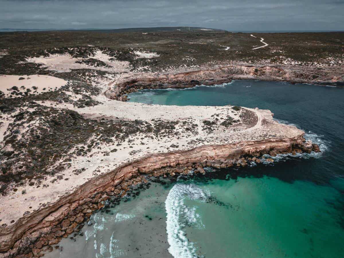 Harpoon Bay drone photo showing the double bay