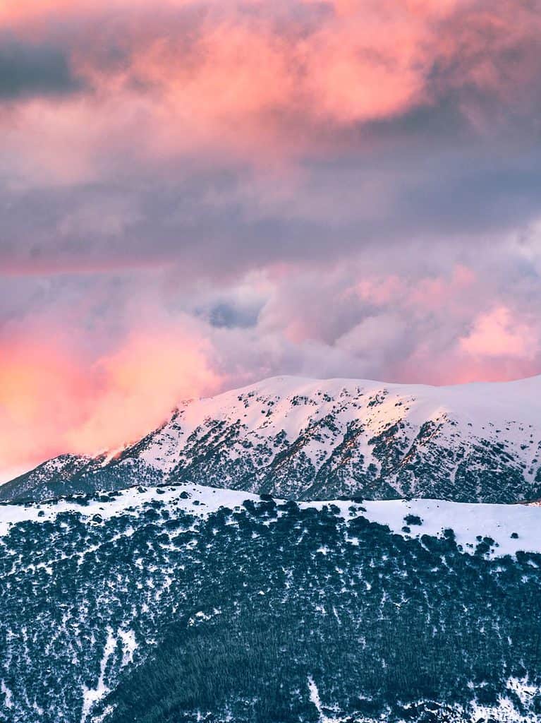 Mountain snow sunset at Falls Creek. 